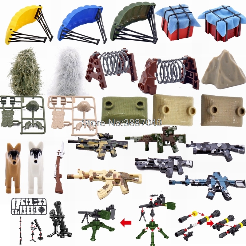 Locking Military Guns Dog Parachute Sandbag Box Building Blocks  Toys For Children Military Locking Parts Gift Toy